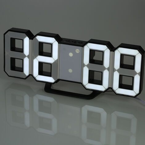 Horloge murale numérique à LED, luminosité réglable, lumière blanche, coque noire