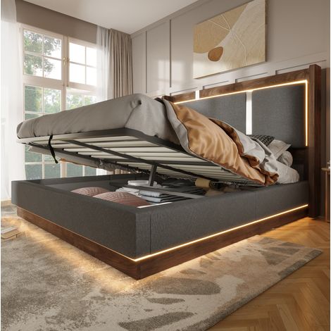 Cama arcón 140 x 190 cm con LED, elevación hidráulica y almacenaje, gris y nogal OKMYHOME