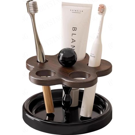 Porte-brosse à dents en bois pour salle de bain – Organiseur de comptoir en bois naturel à 5 compartiments pour brosses à dents électriques, dentifrice, rasoirs et petits peignes(2PCS) (1/4)