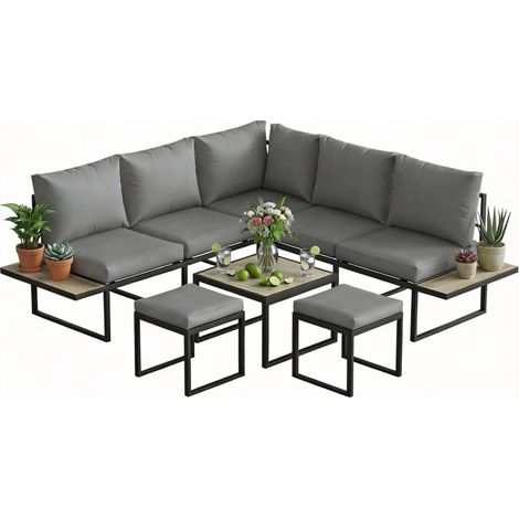Salon de jardin extérieur 6 personnes modulable table basse et plateaux latéraux en bois PSPC coussins épais 10cm gris (1/5)