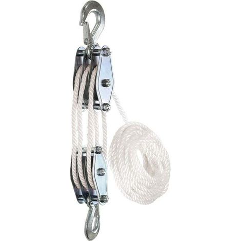 Poulie de palan à corde de 1100 livres - Acier galvanisé - 3 Poulies - Levage 2,5m - Corde de nylon résistant de 15 m