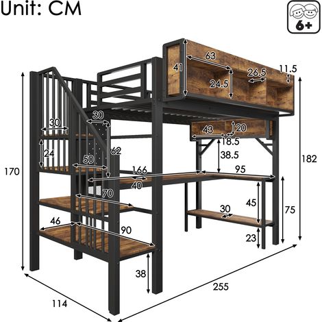 Lit mezzanine vintage marron et noir (90x200 cm) avec bureau d'angle, espace de rangement et panneau perforé, prise USB Type-C et lumière LED, lit enfant EN747 (sans matelas) (1/4)