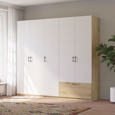 Armario Grande Lezame, Ropero Dormitorio 5 Estantes, Colgador, un Cajón, 225x210h cm Blanco (1/4)