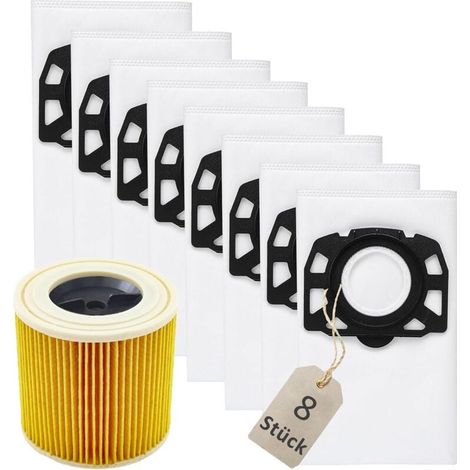 Lot de 8 Sacs 2.863-314.0 pour aspirateur Karcher KFI 357 WD2 Plus, WD3S, WD3S V, SE 4001, SE 4002, KWD3, WD3.200, 1 filtre à cartouche 2.863-303.0 (1/4)