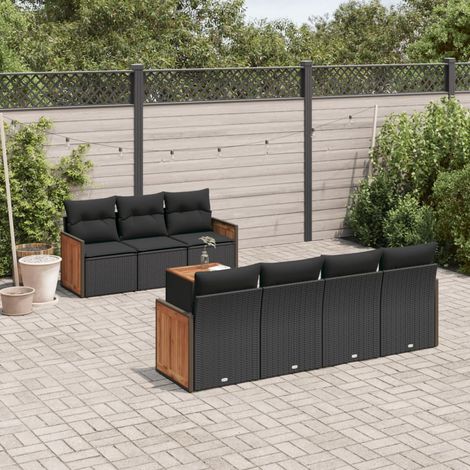 Ensemble Salon Jardin 8 Places Noir Résine Tressée avec Coussins - Table Acacia - Modulaire Extérieur (1/5)