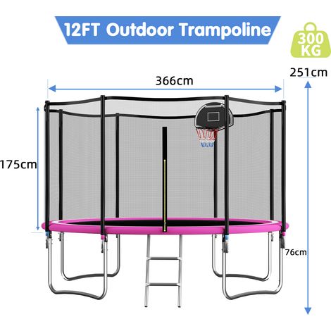 12FT Outdoor Trampoline With Basketball Hoop, Garden Trampoline With Safety Net & Ladder, Available For Toddlers And Adults, Up to 150kg