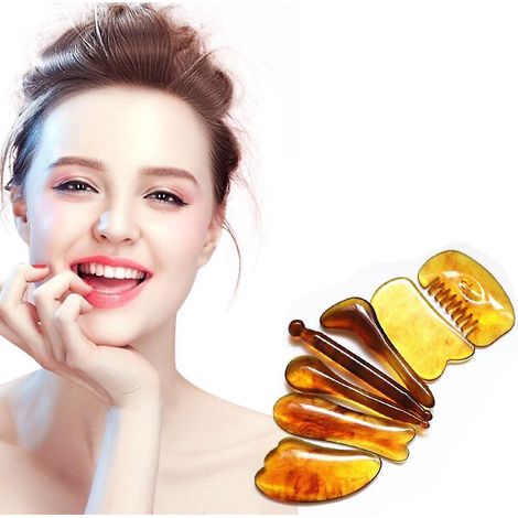 Set mit 7 Gua Sha-Werkzeugen – Authentisches Massage-Set aus natürlichem Jadestein für Spa und Gewichtsreduktion (Gelb) (1/3)