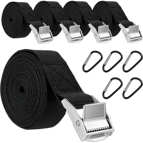 1.5m Sangle d'Arrimage, 5pcs Sangle a Cliquet Noir avec 5 Mousqueton, 25mm Petite Sangles de Serrage avec Boucle pour Fixation, Sangles à Griffe pour Demenagement, Moto, Porte Vélo, Voiture, Bagage (1/5)