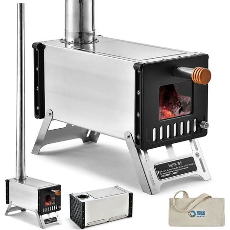 Poêle à bois de tente en acier inoxydable avec tuyaux de cheminée Poêle à bois de camping portable pour camping chauffage cuisson (argent) (1/5)