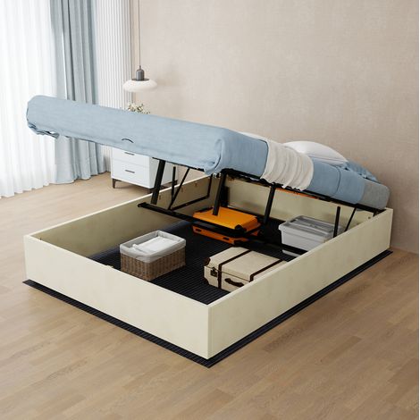Bett modern 140x200 cm beige aus Stoff und Metall mit geometrischem Kopfteil (1/5)