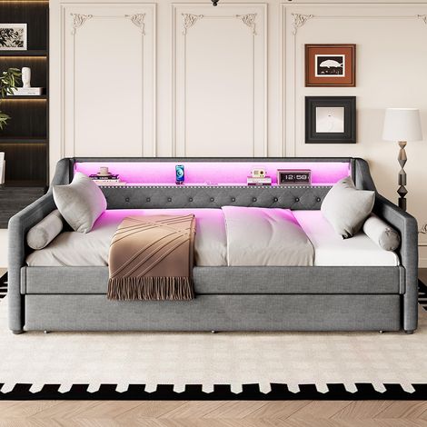 Lit de jour 90x200 cm avec sommier (sans matelas), lit avec extension, port de charge USB, lin - Gris (1/5)