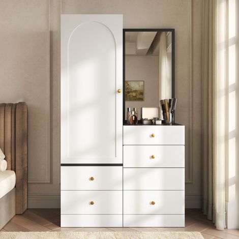 Coiffeuse dressing avec miroir pleine longueur, 6 compartiments, MDF noir et blanc DESVIAE (1/5)