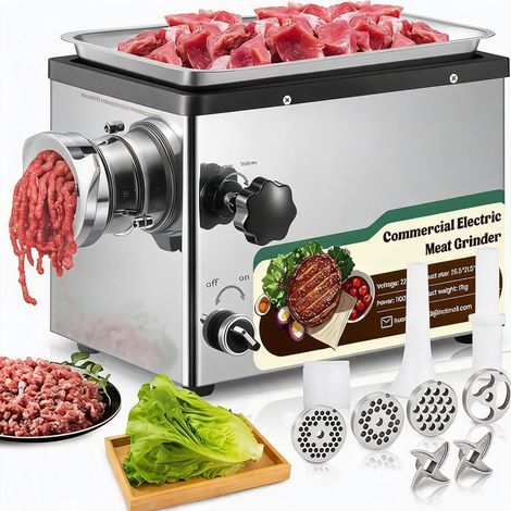 Hachoir à viande électrique 1100 W multifonction avec poussoir à saucisses, hachoir à viande électrique avec 2 lames et 4 disques de coupe (1/5)
