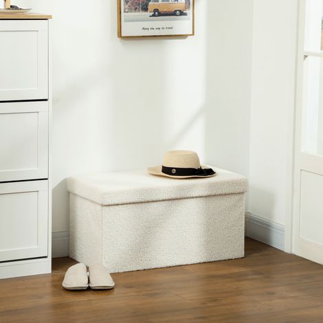Pouf contenitore, panca imbottita con vano contenitore e coperchio per soggiorno, camera da letto, corridoio, bianco crema