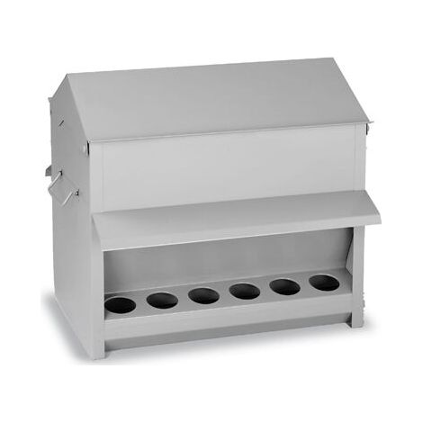 Mangeoire métal galvanisé pour poules 18 kg – Trémie double face avec 12 trous – Toit amovible et poignées latérales – Dimensions 46,5 x 40 x 42 cm – Kerbl