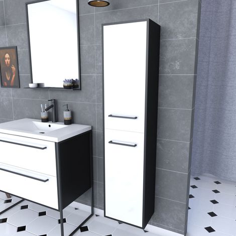 colonne de salle de bain noir mat 30x35x150 cm avec 2 portes blanches et poignées noir mat (1/4)