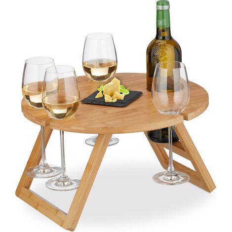 Relaxdays Picknick Weintisch, klappbar, HxD: 22x39cm, Getränkehalter 4 Weingläser & 1 Flasche, Bambus Weintablett, natur