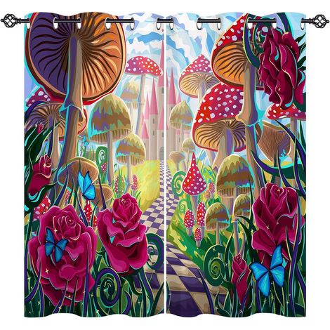 Rideau Occultant Champignon Château Papillon Rose Rideau Thermique Isolant Tenture Opaque à Oeillets Draperies Intérieurs pour Maison Chambre Salon 2 Panneaux L 77 x H 160 cm - 77L X 160H cm (2 Pannea (1/5)