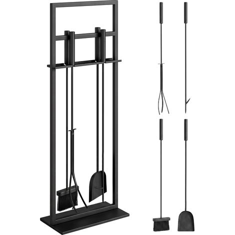 Outsunny juego utensilios chimenea de 5 piezas, de metal con cepillo, pala, 1 par de pinzas, atizador y soporte, 28x15x76 cm, negro (1/5)