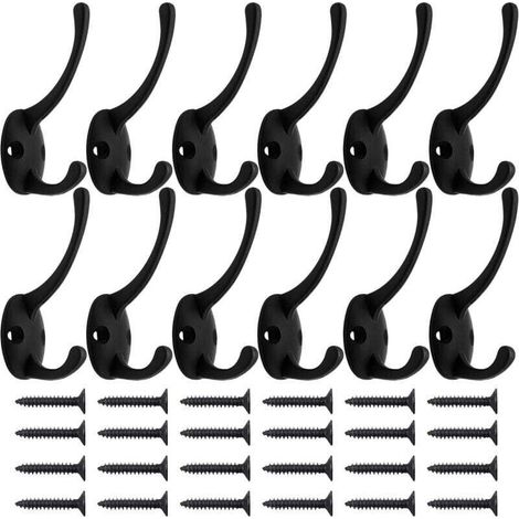 Paquet de 12 patères noires à fixation murale avec 24 vis, crochets doubles rétro, crochets noirs utilitaires pour manteau, écharpe, sac, serviette, clé, casquette, tasse, chapeau (1/4)