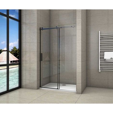 [PRODUIT D'OCCASION]AICA porte de douche coulissante 100x200cm porte de douche coulissante noir en 8mm verre anticalcaire