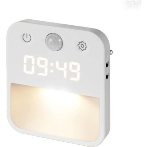 Luz nocturna LED enchufable, con sensor de movimiento y reloj, 3 temperaturas de color, regulable, adecuada para escaleras, dormitorios y pasillos. (1/5)