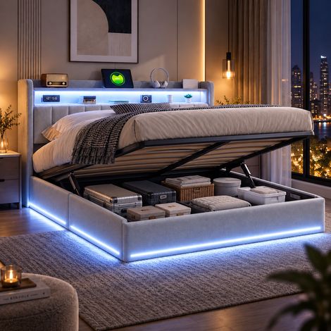 Lit coffre 160x200 cm avec sommier à lattes, lit double 160x200 avec rangement hydraulique, rangement tête de lit, LED & USB, cadre de lit en métal, velours gris (1/5)