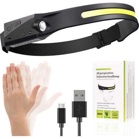 Stirnlampe LED Wiederaufladbar, Intelligenter Sensor Kopflampe COB&XPE Superhell 230 °Flutlicht&Scheinwerfer mit 5 Lichtmodi,IPX6 Wasserdichter ,Perfekt Fürs Laufen, Angeln, Campen, Wandern (1 Stück)… (1/5)