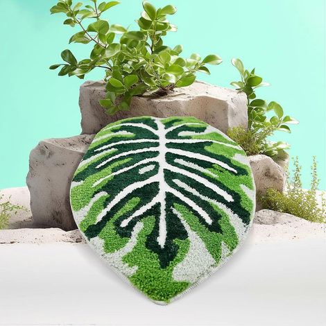 Tapis de bain 54 x 65 cm, extra doux, vert, antidérapant, lavable en machine, motif feuilles mignonnes en 3D, résistant. (1/5)