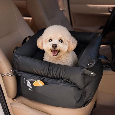 Siège auto pour chiens de petite et moyenne taille, panier de voyage imperméable en cuir souple avec harnais et attache, et sac de transport. (1/4)