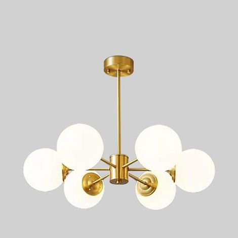 6 Lights Glass Sputnik Chandelier Lighting Gold Satin Brass Modern Pendant Lights White Globe Shade Pendant Hanging Light Fixtures for Bedroom Living Room Kitchen Hallway