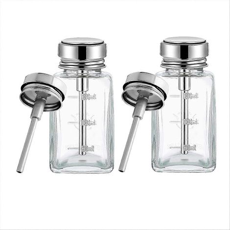 Lot de 2 flacons distributeurs à pompe transparents de 180 ml avec couvercle à charnière en métal et flacon distributeur en verre à pression. (1/5)