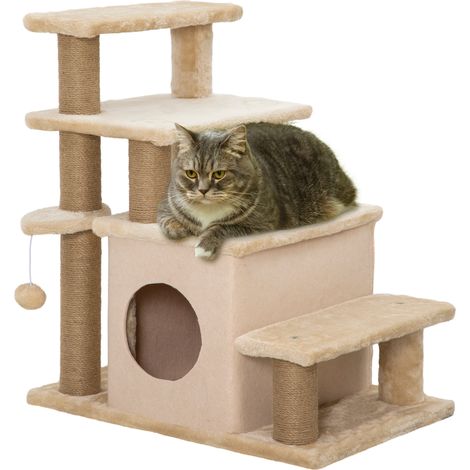 Haustiertreppe, Kratzbaum, 4 Stufen, Spielball, Häuschen, höhenverstellbar, 60 x 40 x 66 cm, Beige