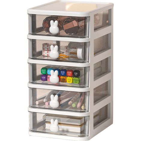 Boîte de rangement bureau transparente en plastique multi-étagères grande capacité avec poignée lapin tiroir organisateur pour livres stylos bureau blanc, 5 niveaux (13,4x17x26 cm) (1/5)
