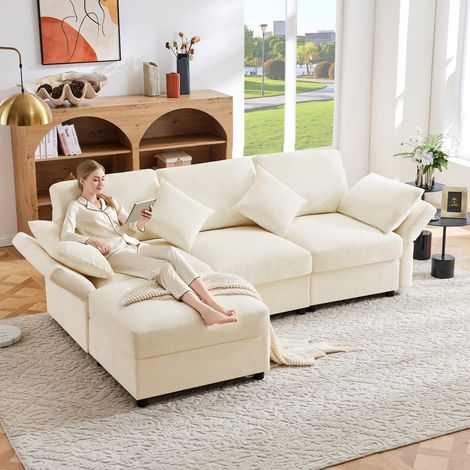 3-Sitzer-Ecksofa in L-Form mit Fußstütze, ausziehbar zum Bett, verstellbare Armlehnen, Chenille-Bezug, ideal fürs Wohnzimmer, Beige