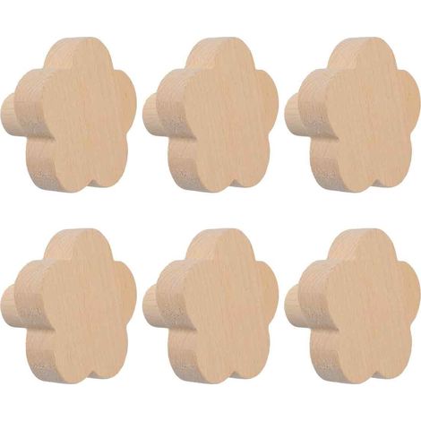 Bouton De Placard - Bois De Hêtre - Forme Fleurs - Auto-Adhésif - Pour Tiroir Et Commode - Lot De 6