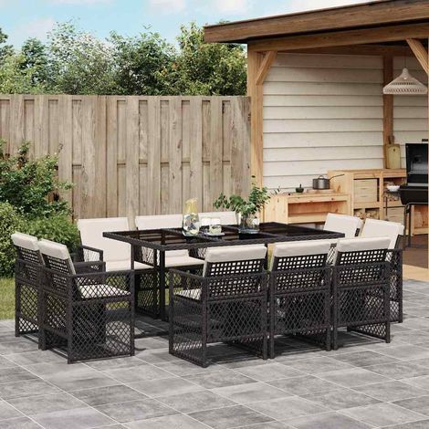 11-tlg. Garten-Essgruppe mit Kissen Schwarz Poly Rattan (1/5)
