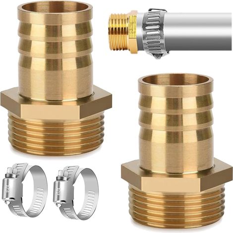 2 Pièces Raccords Cannelé Tuyau en Laiton, Raccords De Tuyau En Laiton De 1"x 32mm (11/4"), Mâle Tuyau Filetage, Tuyau Cannelé Raccord, Raccord de Tuyau in Brass, Avec 2 Colliers de Serrage (1/5)