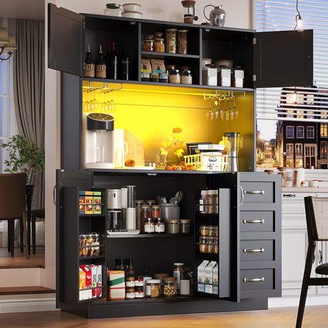 Buffetschrank mit 4 Türen und 2 Großen Schubladen, LED per App steuerbar, für Küche, MDF, 120 x 40 x 188 cm