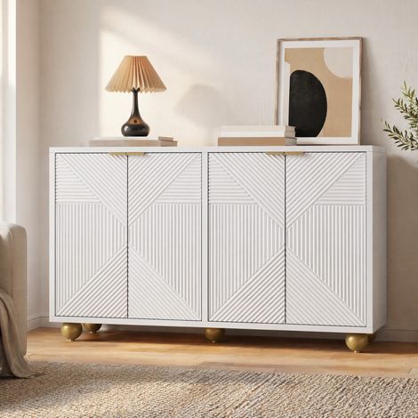 Aparador de 4 puertas talladas, estantes regulables, MDF blanco 120 x 35 x 71,5 cm HAVRYA (1/5)
