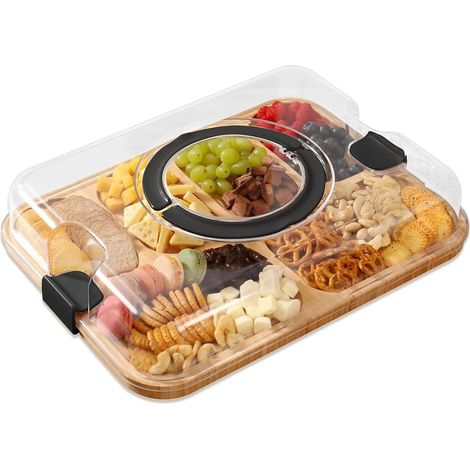 1 Planche à charcuterie, 6 compartiments, bambou, couvercle transparent, poignées, cuisine, pique-nique (1/5)
