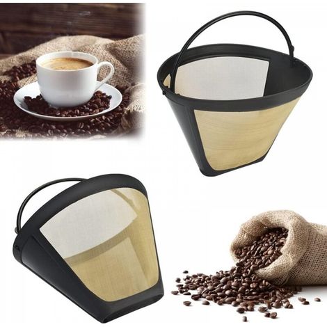 2 pièces filtre à café taille 4 filtre à café permanent filtre à café en acier inoxydable panier en maille filtre doré lavable filtre à café permanent en plastique réutilisable avec poignée pour la pl (1/5)