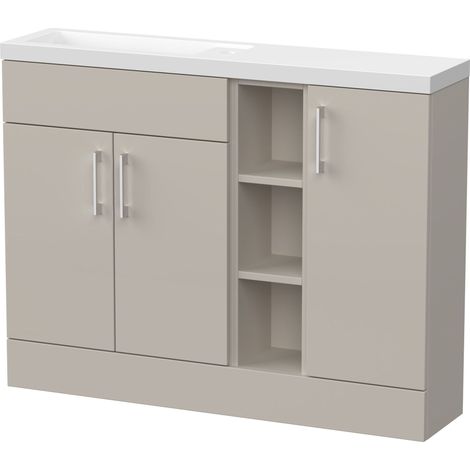 Wichnor Floor Standing Compact 3 Door Combination Vanity Basin Unit with Open Shelves and Polymarble Basin, 1100mm, Pebble Grey (1/4)
