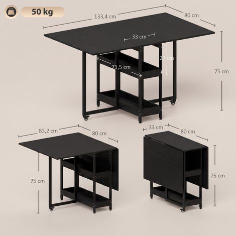 Table pliante industrielle pour 4 personnes, étagères ouvertes intégrées, design flexible, noir, plateau robuste et structure stable, gain de place (1/5)