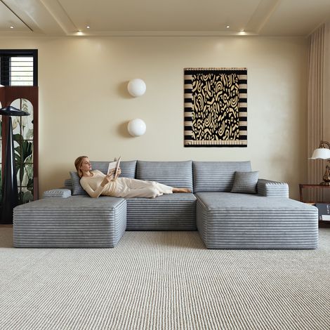 Divano angolare a 3 posti con pouf in velluto a coste, compresso, non richiede montaggio, schiuma ad alta resilienza, stile moderno, 270x175x83 cm, grigio (1/5)