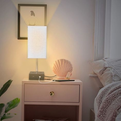 Lampe de chevet LED avec 2 LED, veilleuse à intensité réglable sur 3 niveaux, 2 ports de chargement USB et 2 ports secteur. Ampoule LED incluse. (1/2)