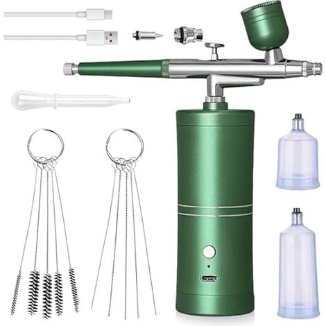 Kit aérographe avec compresseur, kit aérographe portable sans fil, rechargeable, pistolet pulvérisateur multifonction double action pour nail art, tatouages, maquillage, modélisme (vert) (1/5)