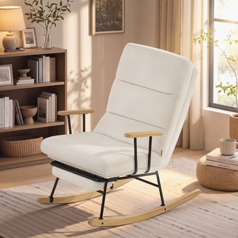 Fauteuil à Bascule avec Pieds en Bois d’Hévéa et Assise en Tissu Doux, Dossier Réglable pour Chambre ou Salon, Blanc (1/5)