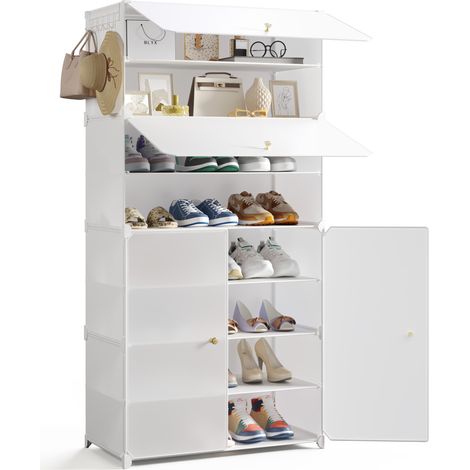 Mondeer – Meuble à chaussures 8 niveaux pour 24 paires – Étagère modulable en polypropylène avec portes – Dimensions 60L x 30P x 123H cm – Blanc (1/5)