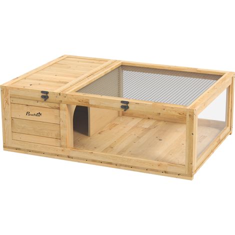 Maison enclos tortues avec 2 espaces, habitat bois massif jaune clair 91x60,5x32 cm pour petit animal (1/5)